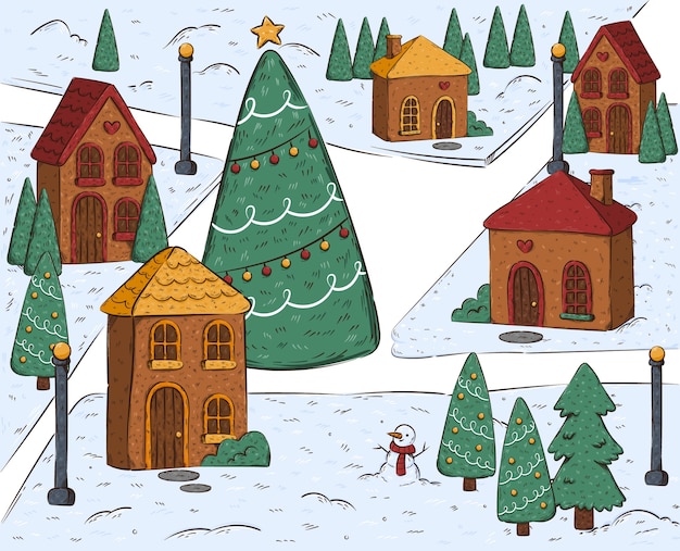 Dibujado a mano ilustración de pueblo de navidad