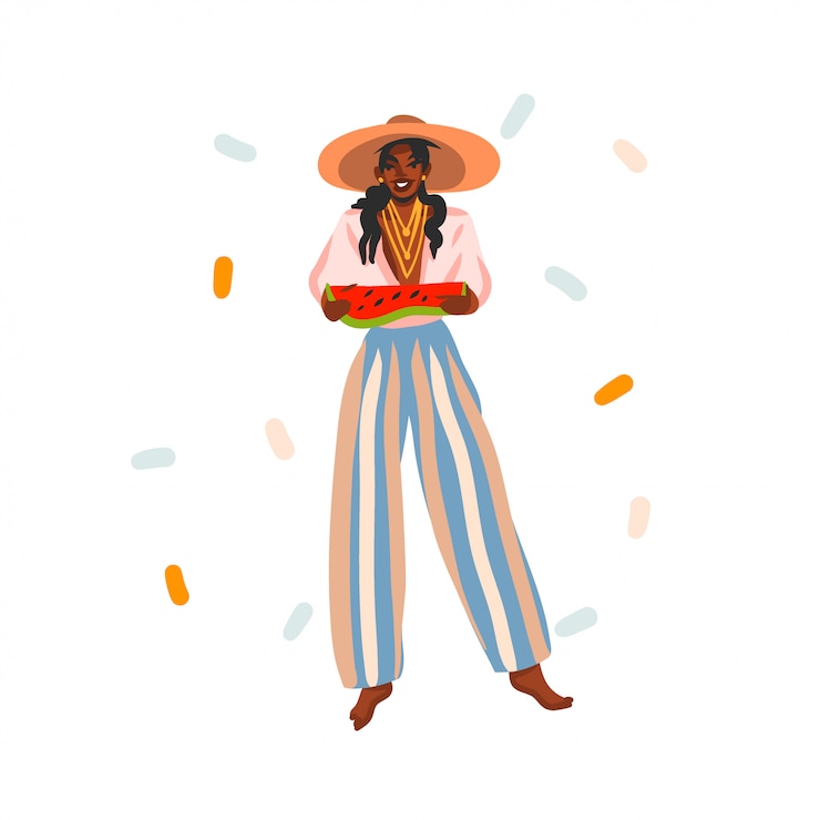 Vector dibujado a mano ilustración de stock abstracto con belleza femenina joven y feliz en traje de verano de moda sonriendo afuera sobre fondo blanco.