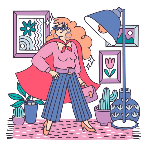 Dibujado a mano ilustración de supermujer del día de la mujer