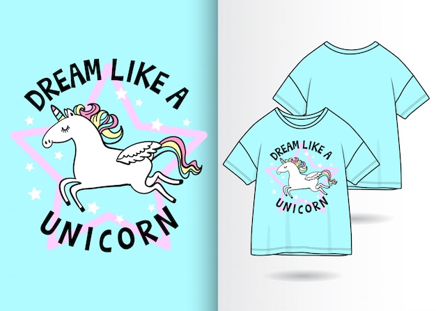 Vector dibujado a mano ilustración unicornio lindo con diseño de camiseta