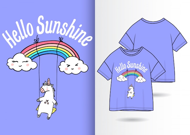 Dibujado a mano ilustración unicornio lindo con diseño de camiseta