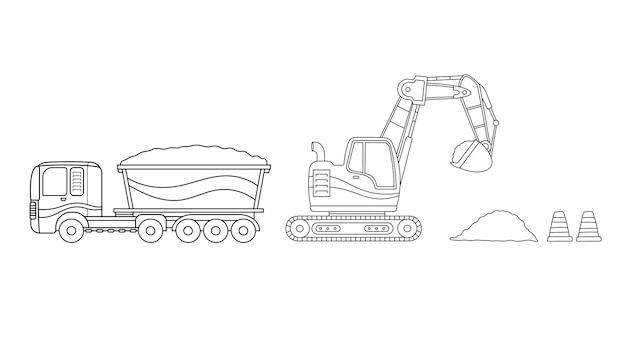 Dibujado a mano ilustración vectorial color niños construcción mini excavadora, camión volquete