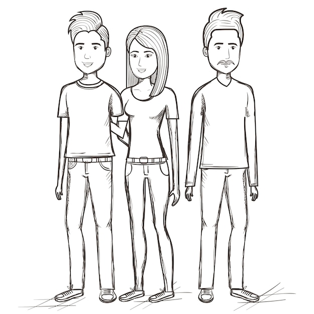 Dibujado a mano incoloros hombres y mujeres de pie sobre fondo blanco. Ilustración vectorial
