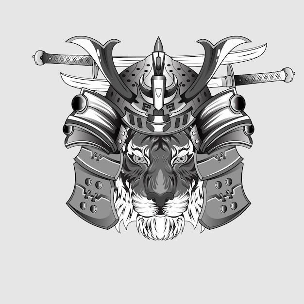 Vector dibujado a mano japanase diseño samurai tigre casco caballero cabeza obra de arte en blanco y negro