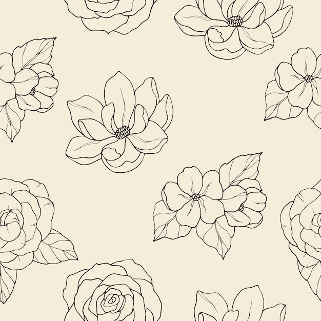 Dibujado a mano jazmín magnolia camelia rosa de patrones sin fisuras