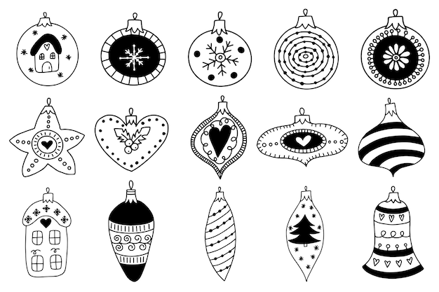 Dibujado a mano juguetes de bolas de Navidad y copos de nieve