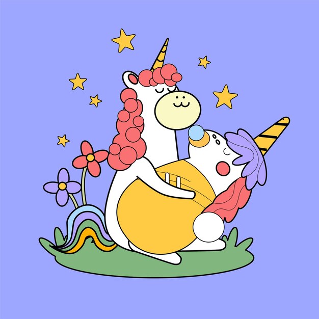 Dibujado a mano kawaii dibujos animados unicornio ilustración