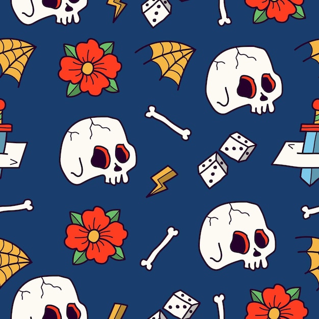 Dibujado a mano kawaii doodle patrón de tatuaje de calavera de dibujos animados