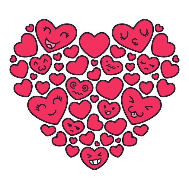 Dibujado a mano kawaii emoji corazones rojos ilustraciones.