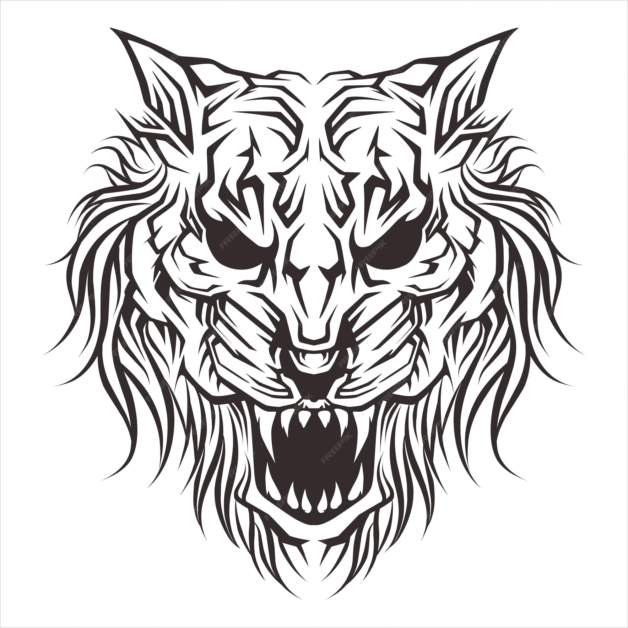 Dibujado a mano león animal tribal tatuaje diseño en blanco y negro |  Vector Premium