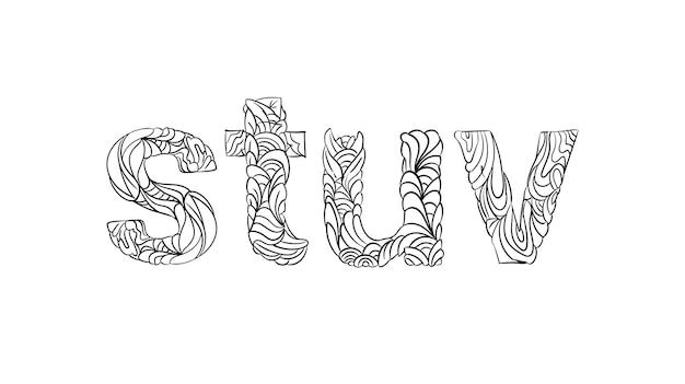 dibujado a mano letra de rstuv tipografía floral libro para colorear