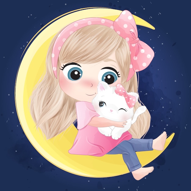 Dibujado a mano linda chica y gatito sentado en la luna