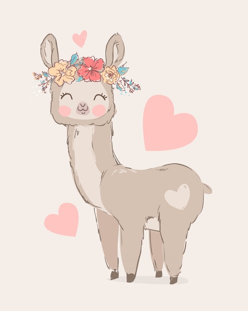 Dibujado a mano linda llama y flores.