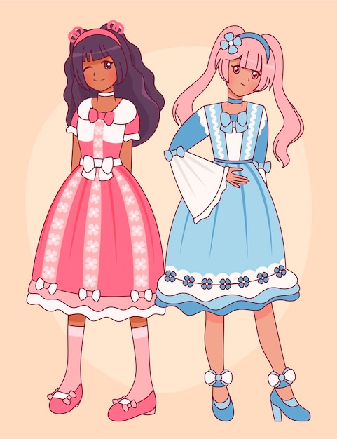 Dibujado a mano lindas chicas estilo lolita