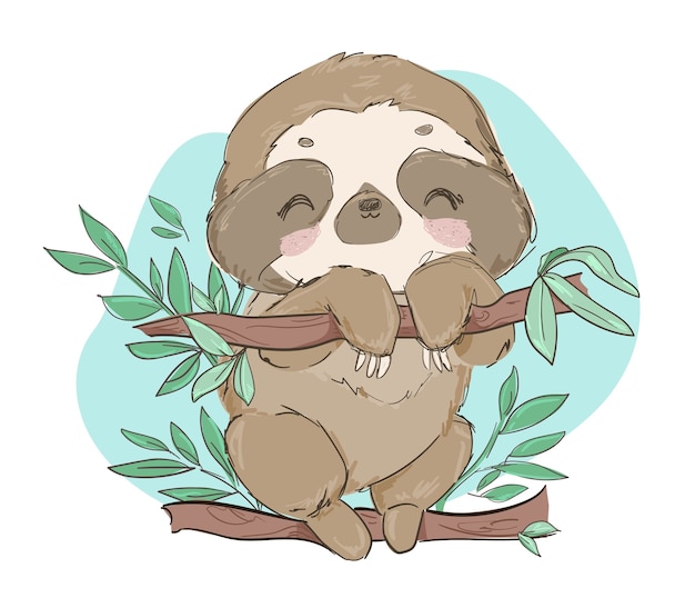 Dibujado a mano lindo animal perezoso en la ilustración del árbol