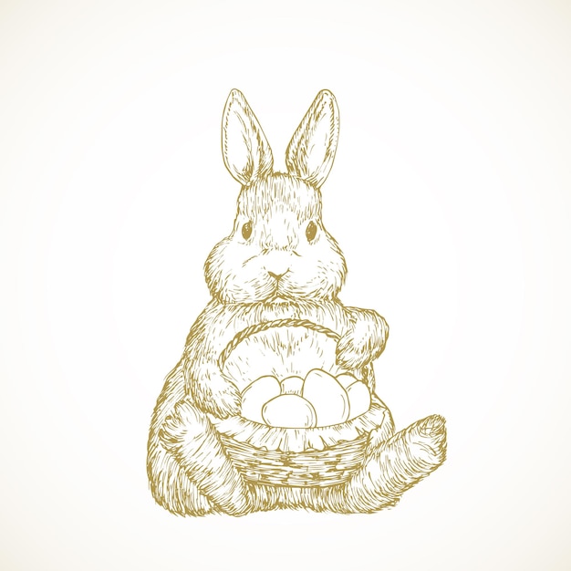Vector dibujado a mano lindo conejito de pascua ilustración vectorial conejito sosteniendo una cesta llena de huevos boceto abstracto vacaciones de primavera estilo de grabado dibujo aislado