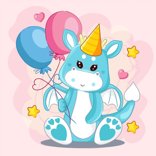 Dibujado a mano lindo dragón y globos