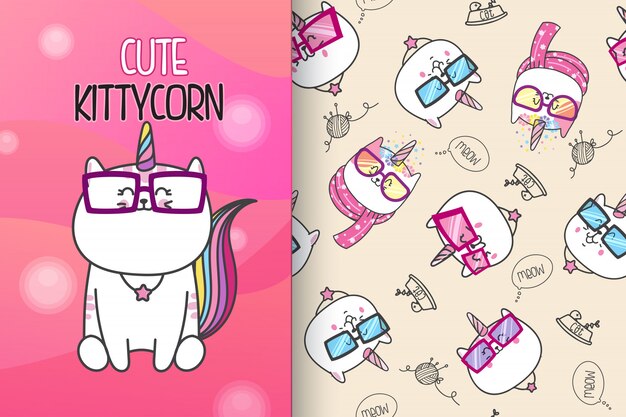 Dibujado a mano lindo gatito con patrón vector set