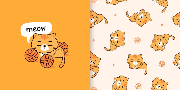 Dibujado a mano lindo gato naranja ilustración y patrones sin fisuras