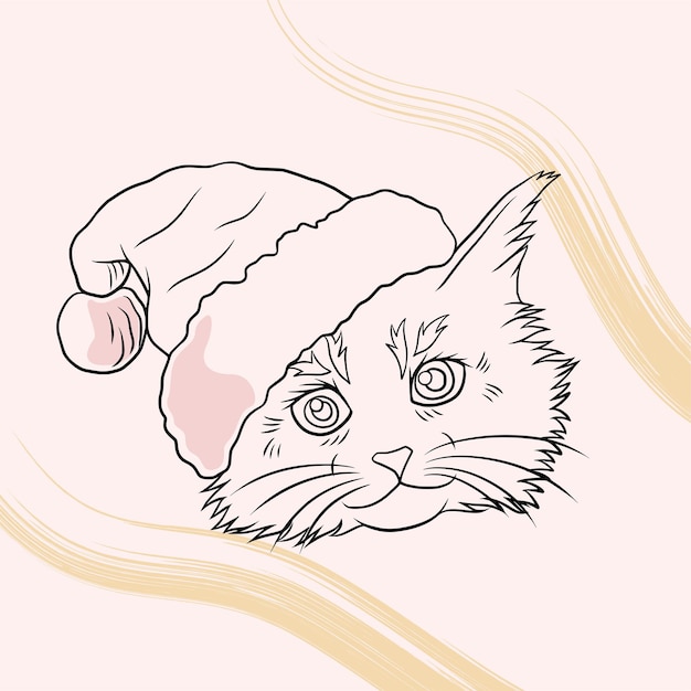 Dibujado a mano lindo gato con sombrero de navidad en estilo de arte lineal