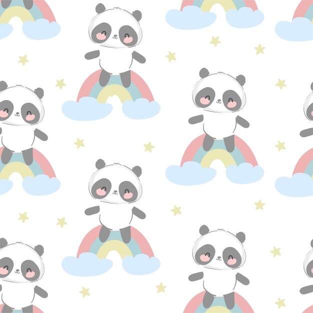 Dibujado a mano lindo oso panda con patrones sin fisuras de arco iris