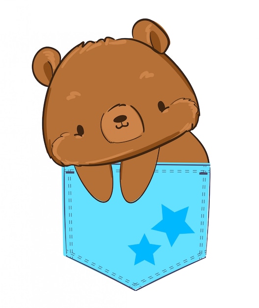 Dibujado a mano lindo oso de peluche está sentado en un bolsillo