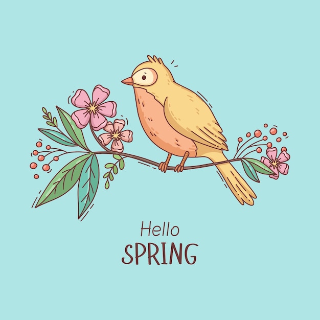 Vector dibujado a mano lindo pájaro de primavera en una rama