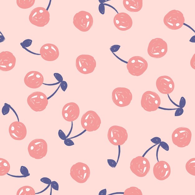 Dibujado a mano lindo patrón sin costuras con cereza sobre fondo rosa.