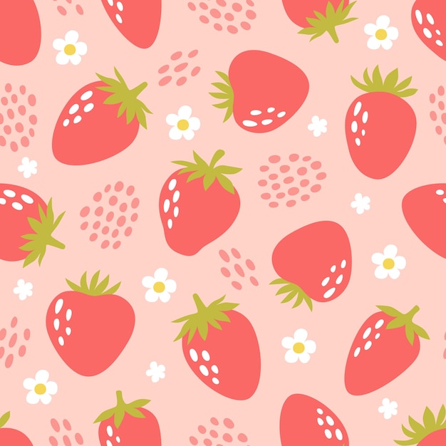 Dibujado a mano lindo de patrones sin fisuras con puntos y flores de fresa de colores