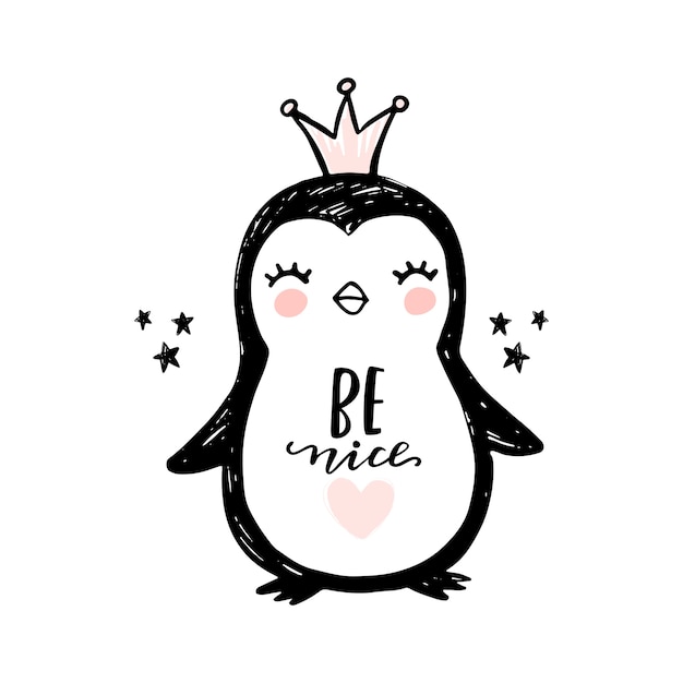 Dibujado a mano lindo pingüino aislado en blanco. doodle ilustración animal lindo. personaje.