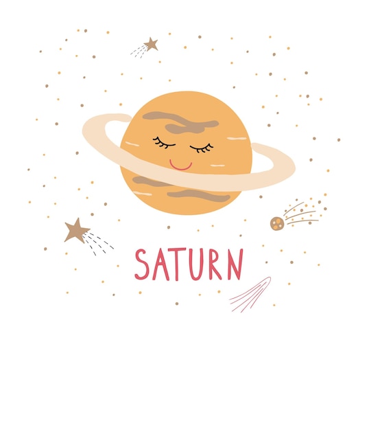 Dibujado a mano lindo planeta saturno en estilo de dibujos animados sobre un fondo blanco rotulación a mano saturno