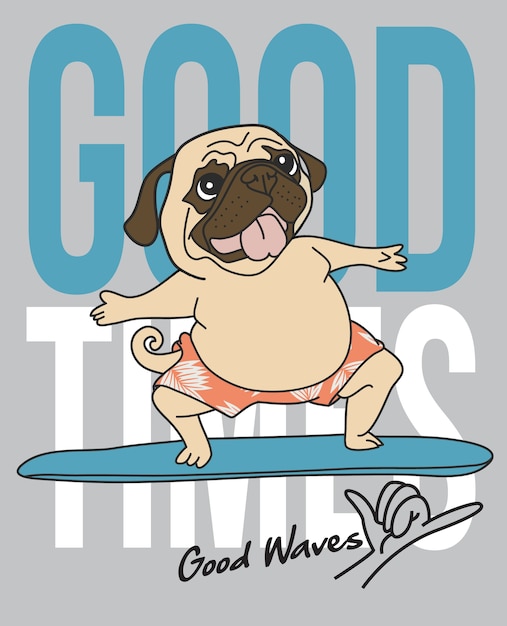 Vector dibujado a mano lindo pug surf