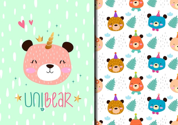 Dibujado a mano lindo unibear de patrones sin fisuras