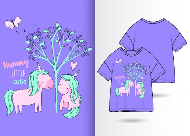 Vector dibujado a mano lindo unicornio con camiseta