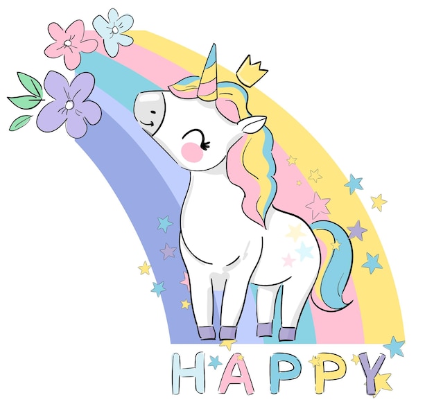 Dibujado a mano lindo unicornio y flores mágicas ilustración vectorial. tendencia infantil imprimir imagen