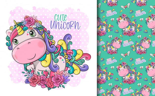 Dibujado a mano lindo unicornio mágico con flores y conjunto de patrones