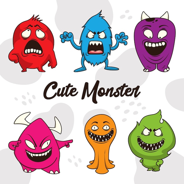 Dibujado a mano lindos Tiny Little Doodle Monsters Cara alegre emociones