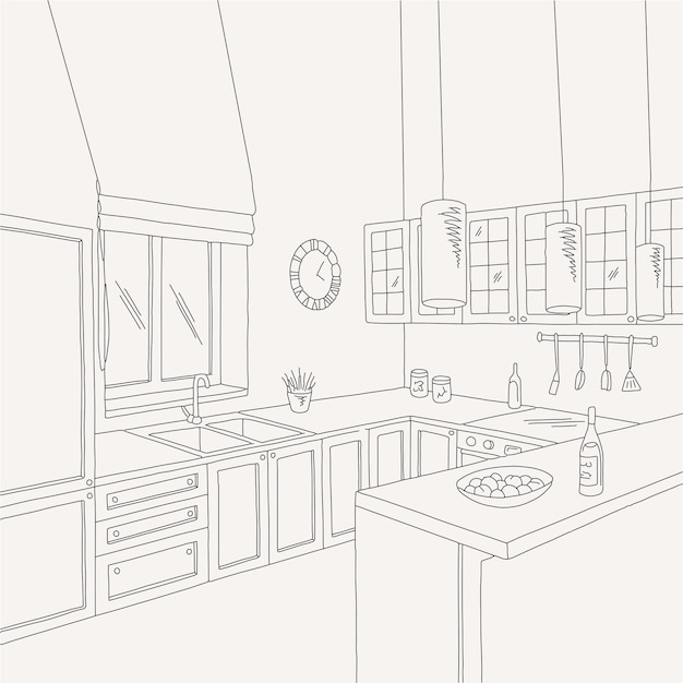 Vector dibujado a mano línea arte cocina sala muebles gráfico negro, blanco casa interior boceto vector