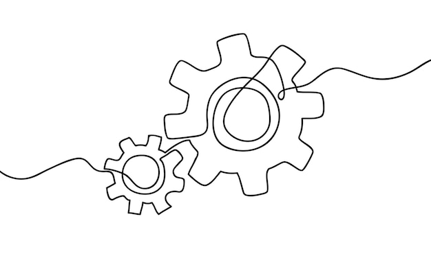 dibujado a mano una línea continua de engranajes en movimiento ruedas icono de engrenaje logotipo ilustración vectorial