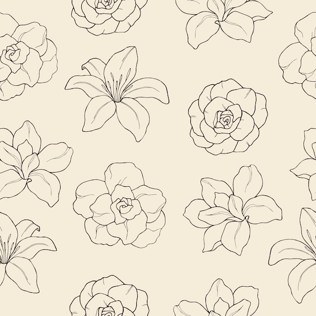 Dibujado a mano lirio magnolia camelia gardenia de patrones sin fisuras