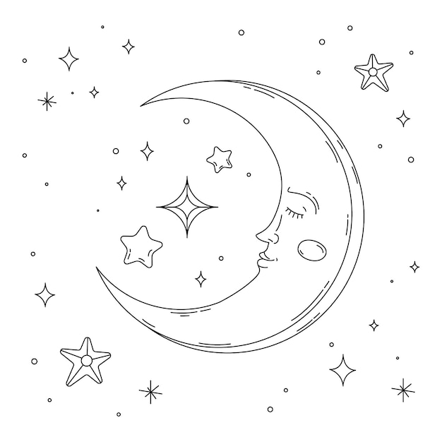 Dibujado a mano luna y estrellas dibujo ilustración