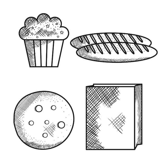 Dibujado a mano magdalena, pan panes, galletas y bolsa de papel sobre fondo blanco. ilustración vectorial