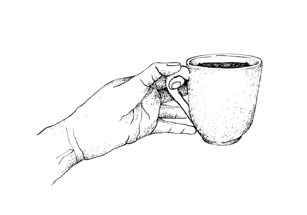Dibujado a mano de mano sosteniendo una taza de café caliente