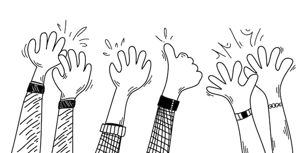 Dibujado a mano de manos aplaudiendo ovación aplausos pulgar arriba gesto en la ilustración de vector de estilo doodle