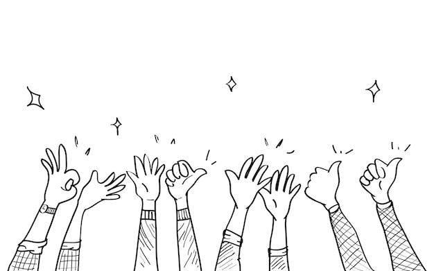Dibujado a mano de manos aplaudiendo ovación aplausos pulgar arriba gesto en la ilustración de vector de estilo doodle
