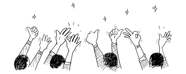 Dibujado a mano de manos aplaudiendo ovación aplausos pulgar arriba gesto en la ilustración de vector de estilo doodle
