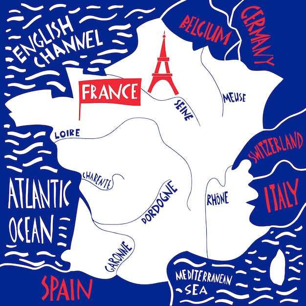 Dibujado a mano mapa estilizado de francia. ilustración de viaje con nombres de ríos.