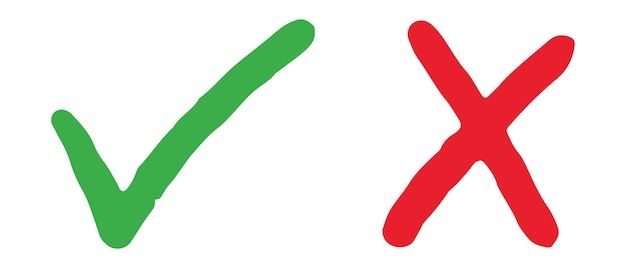 Dibujado a mano de marca de verificación verde y cruz roja aislada Icono correcto e incorrecto Ilustración vectorial