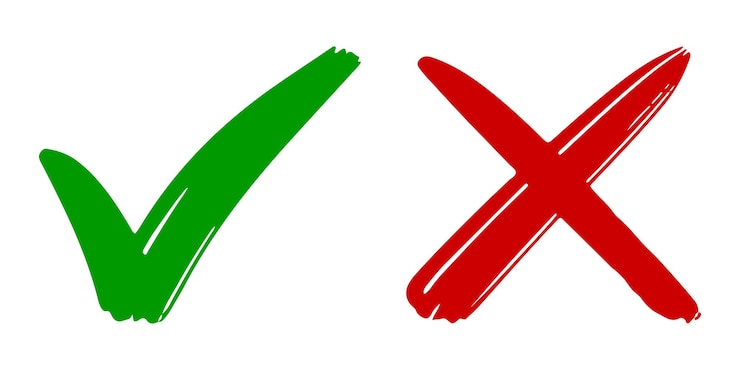 Vector dibujado a mano de marca de verificación verde y cruz roja aislada icono correcto e incorrecto ilustración vectorial