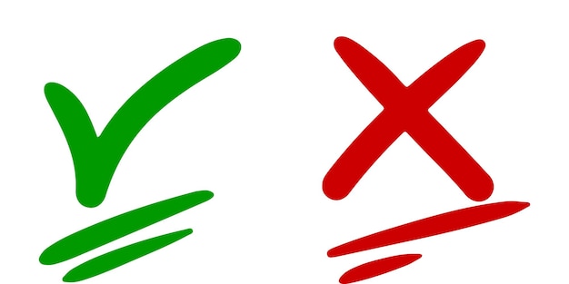 Dibujado a mano de marca de verificación verde y cruz roja aislada Icono correcto e incorrecto Ilustración vectorial